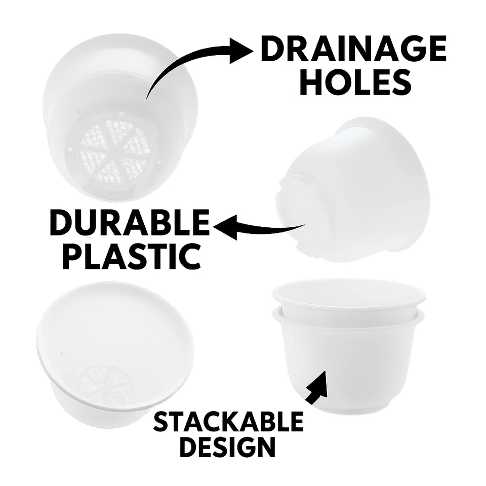 10 Set White Plastic Flower Plant Pots 6" Round Planters with Saucers for Plants - Image 4 of 4