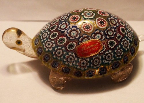 Vintage Murano Art Glass Turtle Millefiori Floral Paperweight as Found