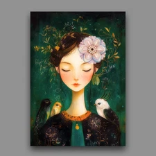 ACEO Miniature Art Print 2.5x3.5 Artist Trading Card Girl With Feathered Friends