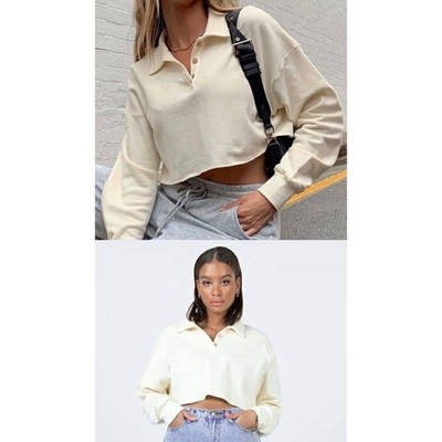 Princess Polly Cream Cropped Long Sleeve Polo Sweatshirt Raw Hem Size US 0