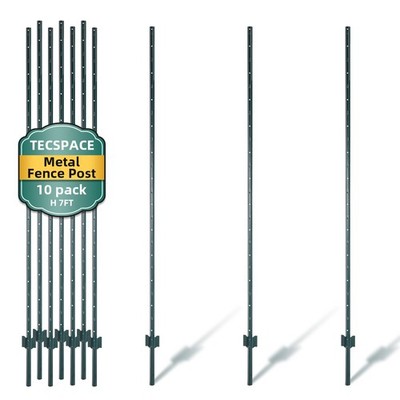 TECSPACE 10 PCS Metal Fence Posts, 7 FT Heavy Duty U-Post for Garden, Farm, Lawn