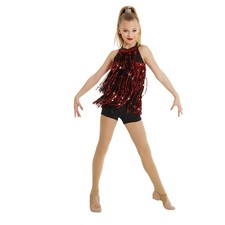 Weissman Kids Dance Costume Sequin Fringe Leotard Black Red Sparkle Performance
