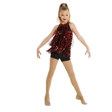 Weissman Kids Dance Costume Sequin Fringe Leotard Black Red Sparkle Performance