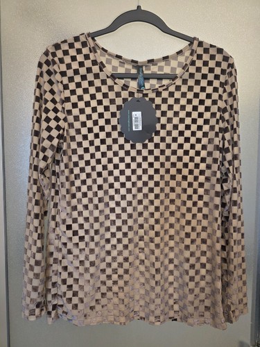 Sterling Kreek Women's Sheer Mesh Velvet Check Long Sleeve Top M Beige/Brown