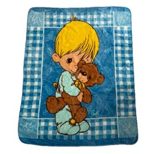 Precious Moments Blue Baby Blanket Bear Blonde Fleece Boy Vintage