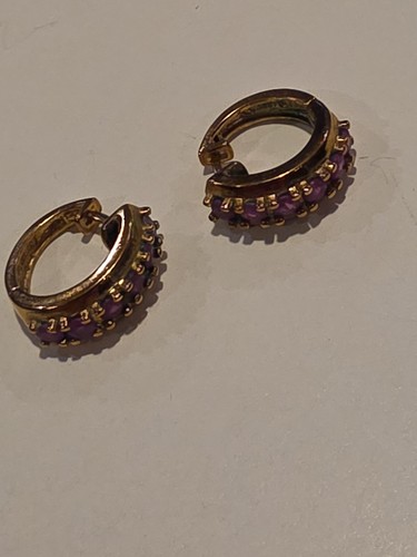 Estate Find Vintage 925 Silver - Gold Bonded Ruby? Hoop Huggie Earrings