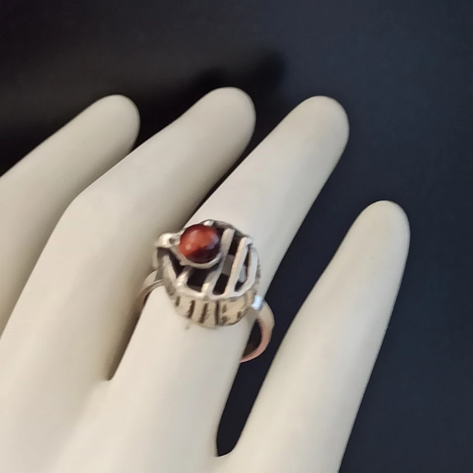 Brutalist Silver Tiger Eye Ring Adjustable Israel Modernist 925 VTG Sculptural - Image 2 of 4