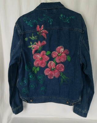 Desert Blues Hand Painted Floral Denim Blue Jean Jacket Womens Size Large
