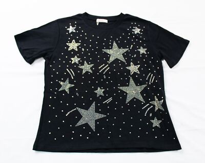 La' Ros Women's 100% Cotton Short Sleeve Jewel Detail Star Top AR8 Black Medium
