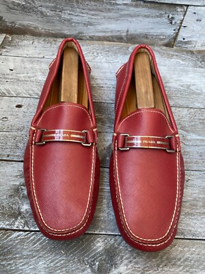 Prada horsebit logo red leather loafers sz 10 | eBay