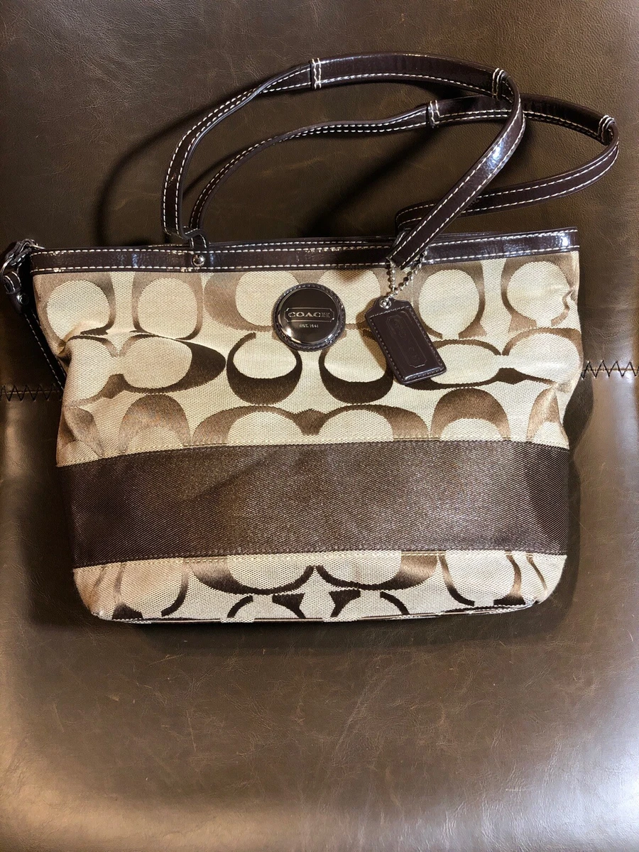 Coach Signature Stripe Tote Bag Brown and Tan Classic Style