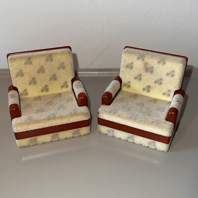 Vintage Sylvanian Families Tomy Lounge 2 x Sessel beflockter Stoff