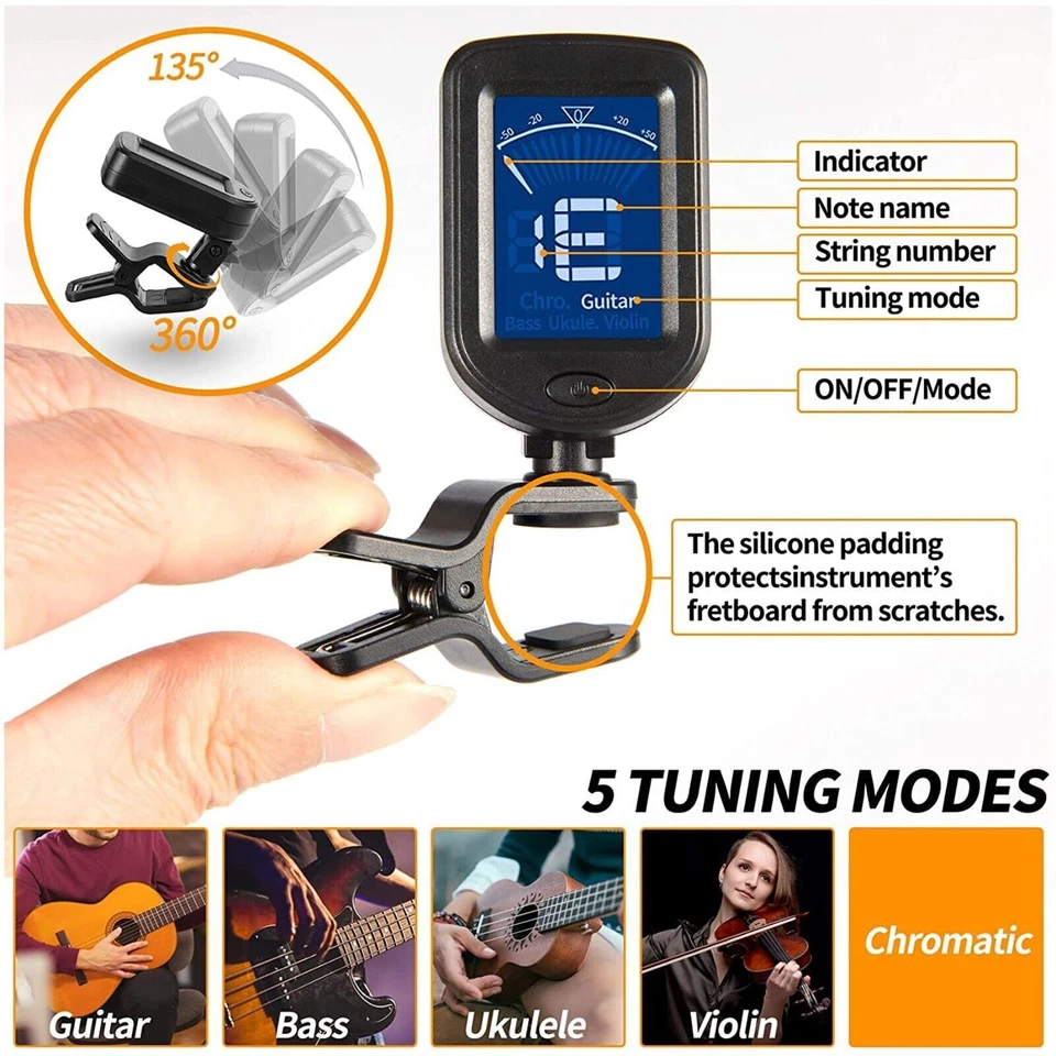 LCD Clip On Chromatic Acoustic Electric Guitar Bass Ukulele Banjo Violin Tuner - Image 3 of 4