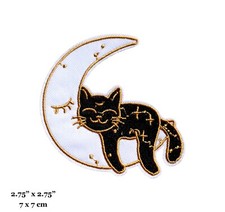 Cute Black Cat Sleeping on Crescent Moon Black White Embroidered Iron On Patch