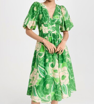 NWT Farm Rio Cotton/Viscose Tropical Groove Bustier Midi Dress w/ Puff  Sleeves L | eBay