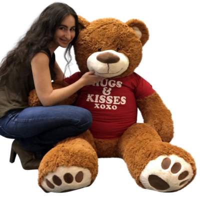 5 Foot Giant Teddy Bear 60 Inch Cinnamon Brown Color Wears HUGS & KISSES T-shirt