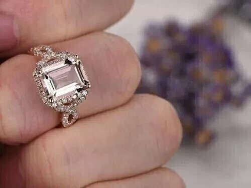 2Ct Emerald Cut Lab Created Morganite Halo Engagement Ring 14K Rose Gold Plated - Picture 4 of 6