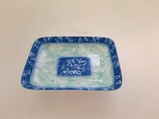 small Asian trinket dish  blue & white floral design w/pale green 4x3 porcelain