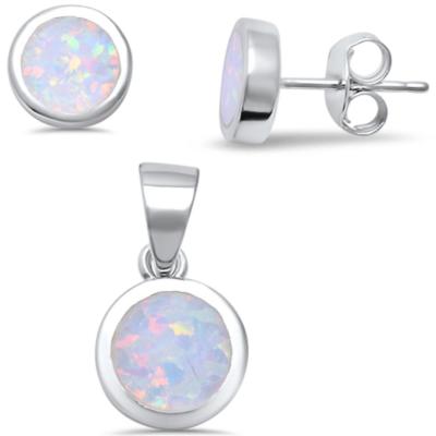 Round White Fire Opal .925 Sterling Silver Earrings & Pendant Set