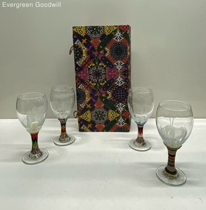4pc Engraved and Hand Beaded Wine Glass Set with Box