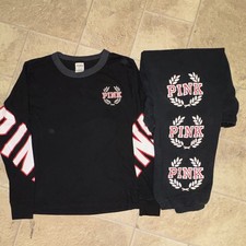 PINK Victoria s Secret Women s Black Logo 2pc Sweatshirt Sweatpants Set XS