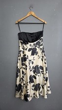 Vintage Monsoon Silk Cotton Cream Black Floral Strapless Midi Dress 12 Evening