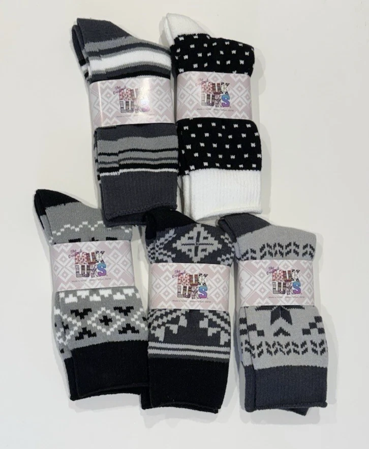 New Set of 5 Mukluks Socks Soft Thick Gray/Black/White Patterns