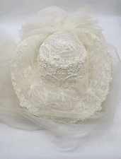 Bridal Wedding Lace Derby Hat White Pearls Tulle 46" Train Veil Bow VTG 80s