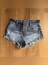 Juniors Womens High Rise Distressed Shorts 9 Button Fly Cut Off Denim Grunge