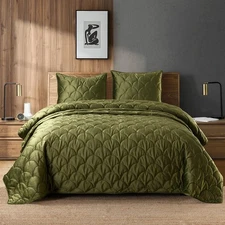 Velvet Quilt Set Queen Size, Olive Green Luxury Velvet Comforter Set 3 Pieces 