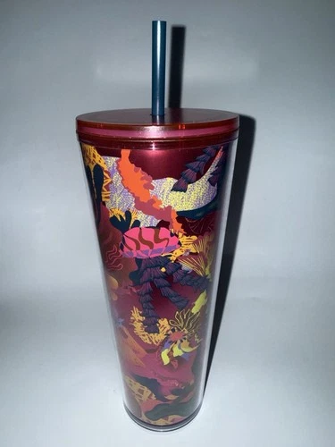 Used! Starbucks Red Multicolor Floral Cold Cup Tumbler w/ Lid & Straw