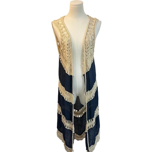 Vintage Braided Imports Boho Crochet Macrame Long Duster Vest Festival M - Afbeelding 2 van 7