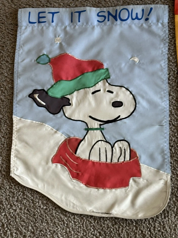 Vintage Snoopy Sliding Let It Snow Seasonal Winter and Fall Peanuts Garden Flags - Image 2 of 4