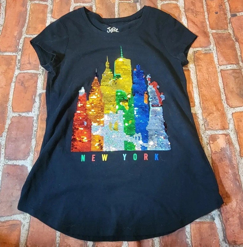 Justice Girls Size 8 Black T-Shirt New York NYC Skyline Rainbow Flip Sequin Top