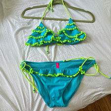 Victoria's Secret 2pc Halter Bikini Pom Poms Tie-Side Bottom Blue/Green L