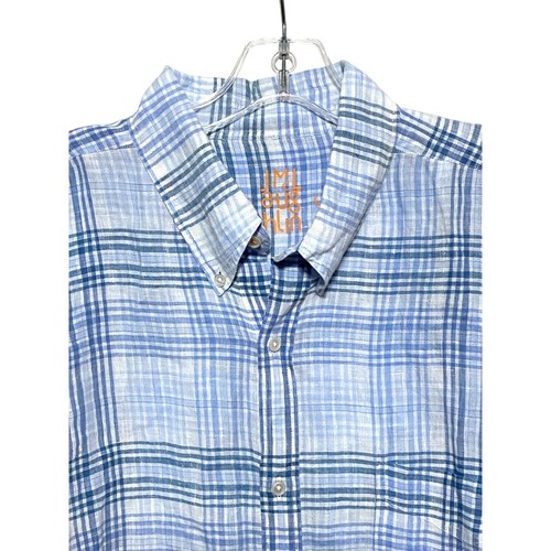 J McLaughlin Linen Button Down Blue White Plaid Shirt Mens Large Front Pocket - Picture 4 of 7