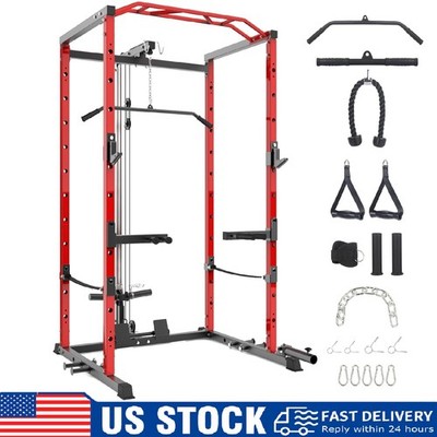 Multi-Functional Power Cage Power Rack with Pulley System, Dip Bars for Home Gym