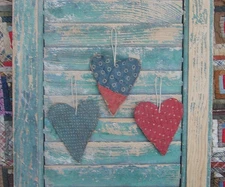 3 Primitive Heart Valentine or Christmas Ornaments made from Antique Quilt AAFA