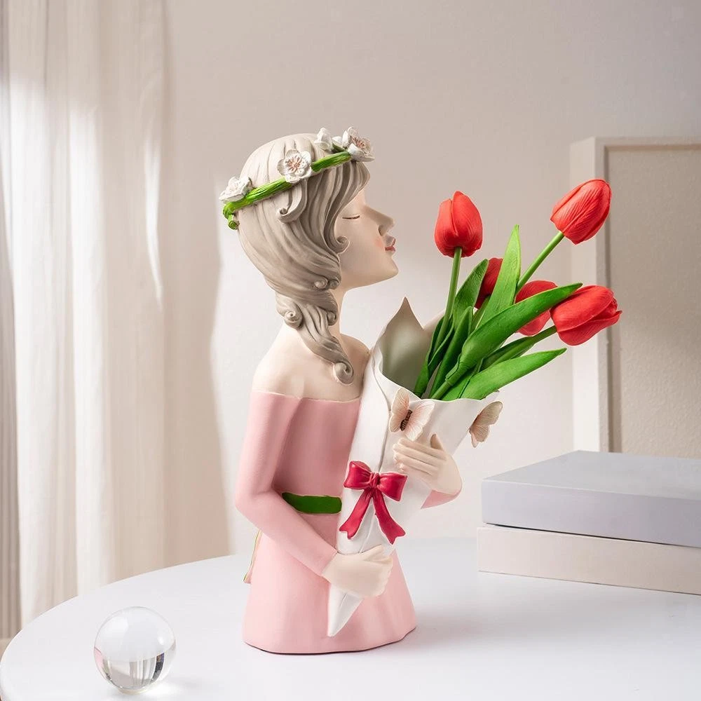 Flower Vase Girl Figurine Flower Arrangement Centerpiece Fashionable