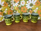Vtg Set of 4 Green Fire King Anchor Hocking Kimberly Diamond Pattern Coffee Cups
