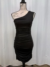 Forever 21 Black Sequin Ruched Asymmetrical Sheath Dress Sleeveless Short Size M