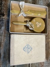 VINTAGE CELLULOID BABY GROOMING,HAND PAINTED FLOWERS, 2 PC SET Comb  Brush