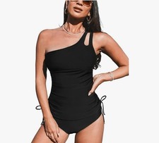 CUPSHE Black Tankini Two Piece Swimsuit One Shoulder Low - Size XS NWT