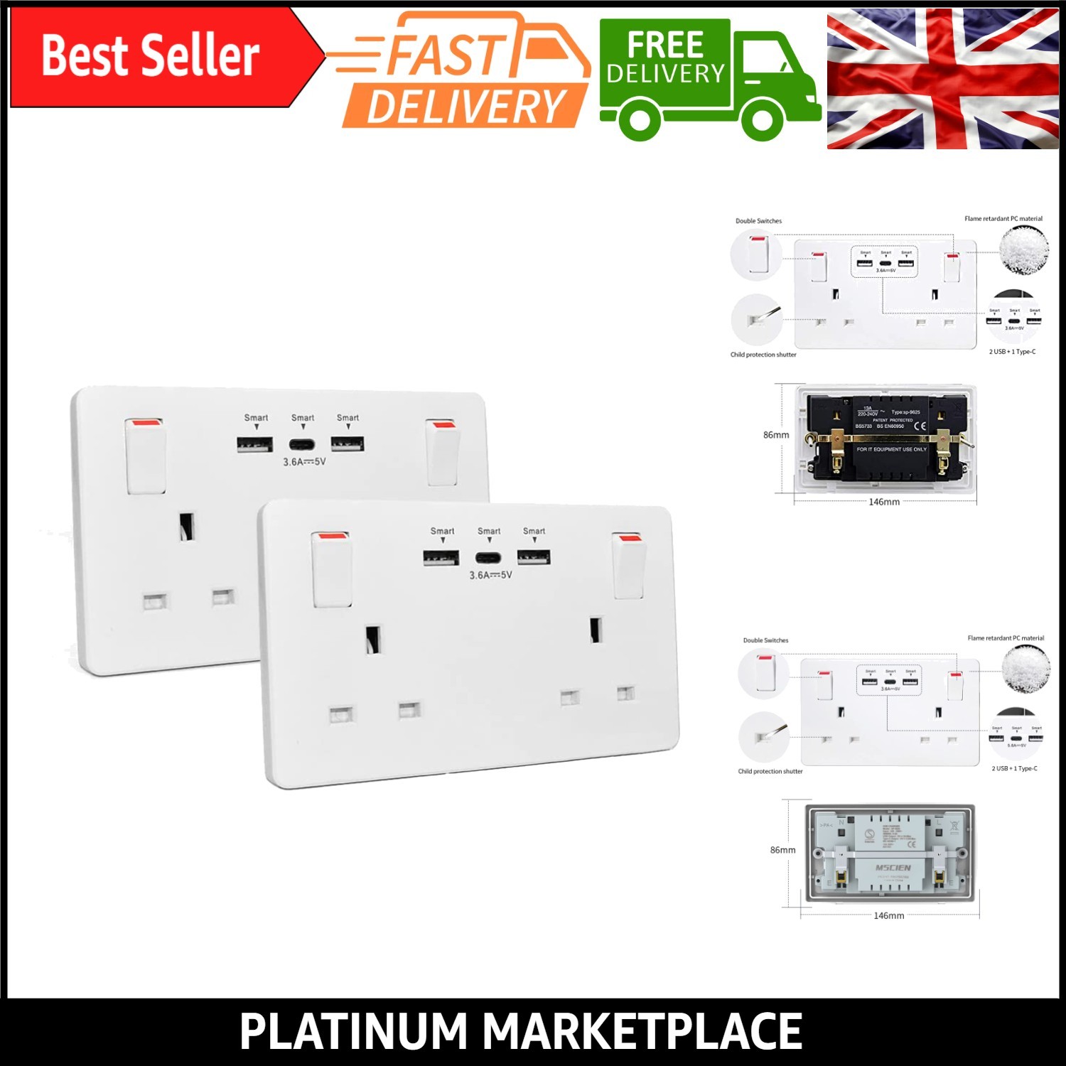 2er Pack Steckdose mit USB & Typ C Schnellladung - Doppelschalter, 13A, 2 Ga...