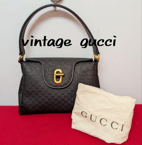 GUCCI Micro GG Hand Bag Turnlock Leather Canvas Black Gold Hardware From Japan