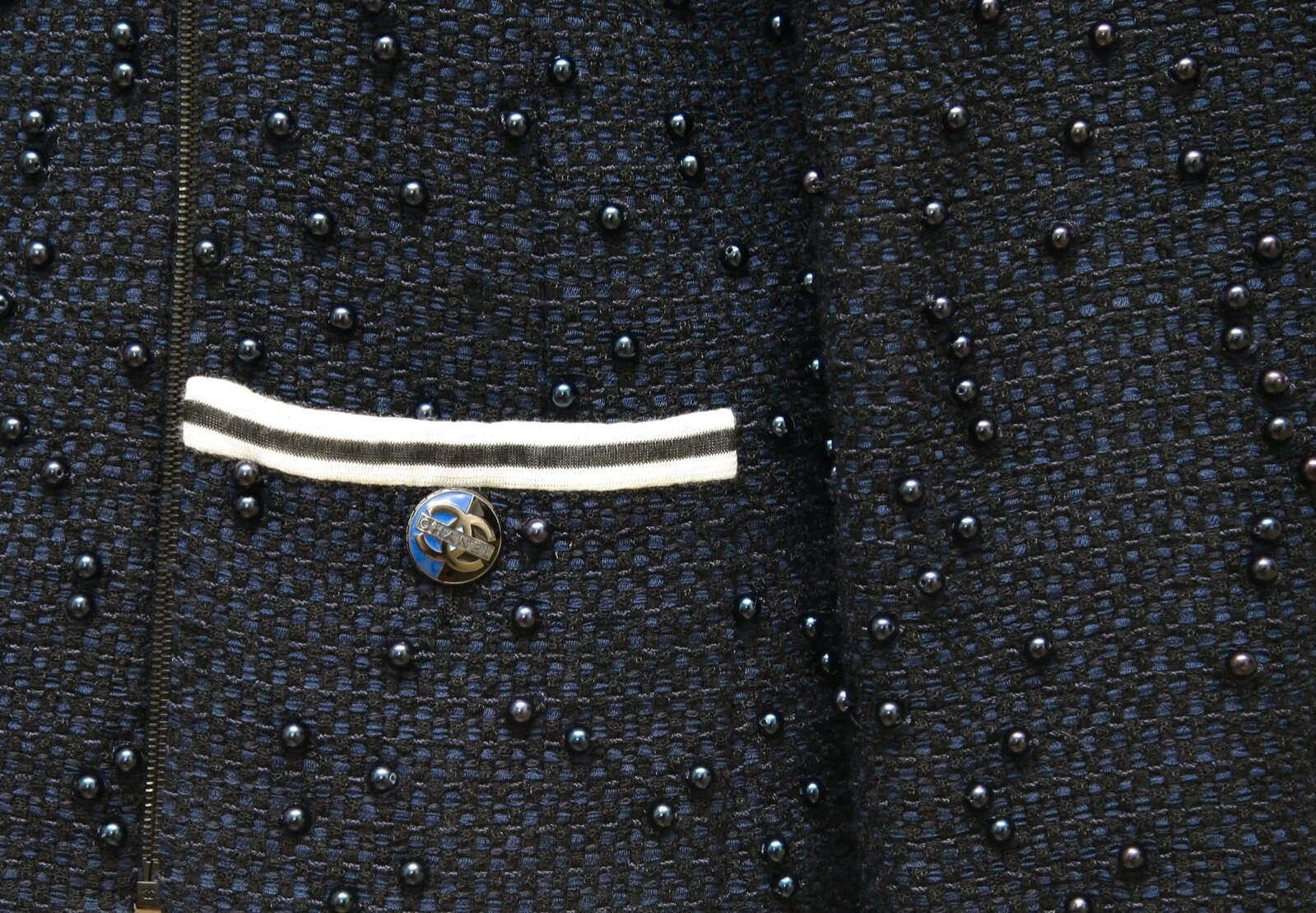 CHANEL Blazer Giacca Cappotto Tweed Blu Navy Perline Bottoni Cerniera 2017 Tg 40