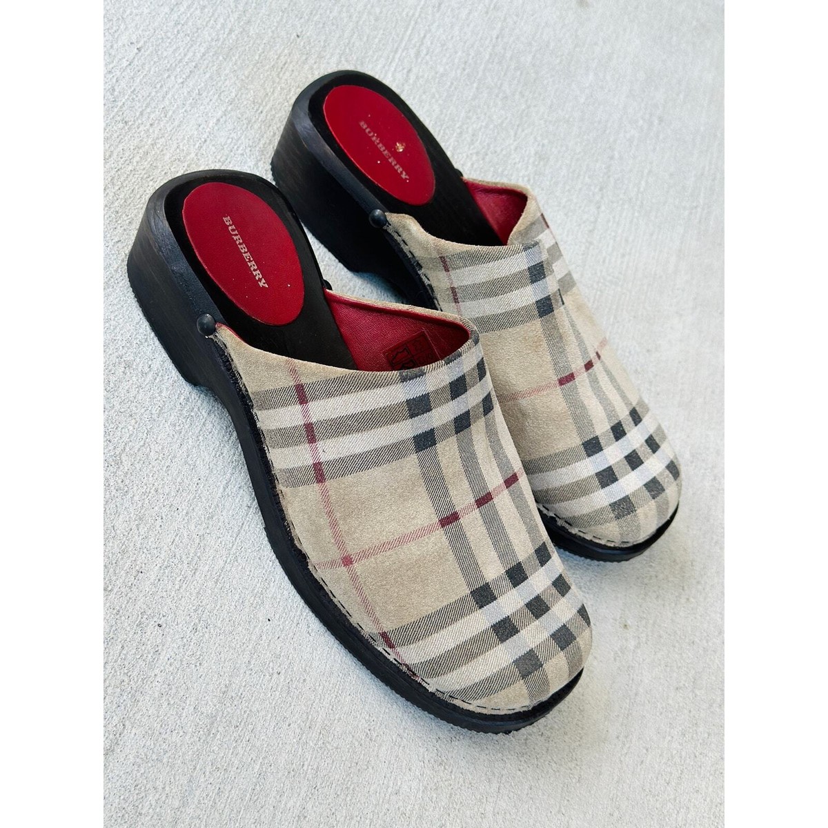 Authentic Burberry Vintage Suede Canvas Plaid Wooden Clogs