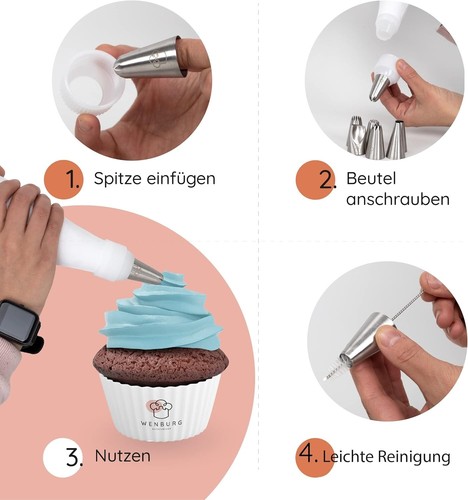 7er Set Spritzbeutel mit Edelstahl-Tüllen, Baumwollbeutel 35 cm, für Torten - Bild 6 von 6