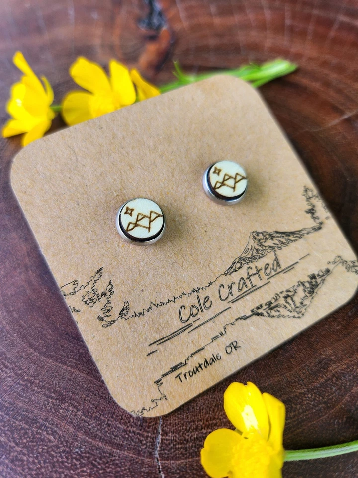 Conjunto de 3 pendientes estrella montaña madera hechos a mano bisel de 8 mm escénico monte joyería hermanas Foto 4 de 4