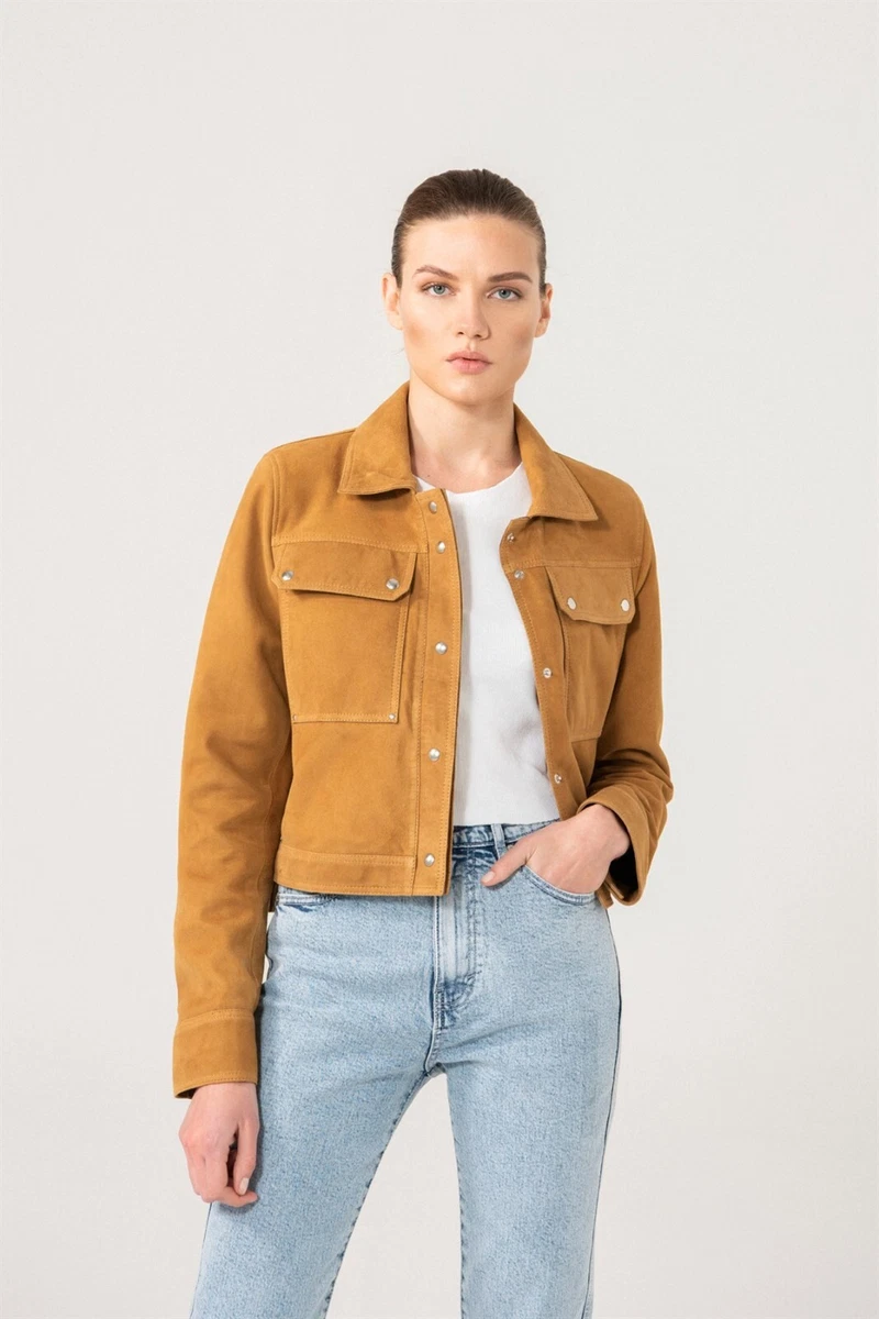 Women Camel Suede Denim Jacket Real Goat Skin Suede Leather Size
